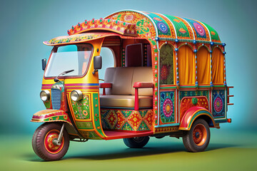A 3D-rendered auto rickshaw on a bright, gradient-colored background, showcasing the traditional public city taxi's vibrant hues, intricate details, and ornate embellishments.