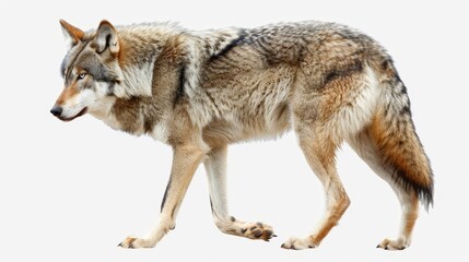 A wolf is walking on a white background