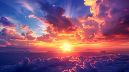 Breathtaking sunset sky with vibrant clouds, a picturesque panorama of golden hour colors. Ideal for nature, travel, and inspirational themes.