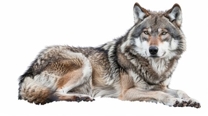 Obraz premium A wolf is laying down on a white background