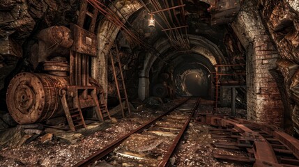 Abandoned Coal Mine: Desolate Tunnels, Rusty Machinery, Creepy Shadows