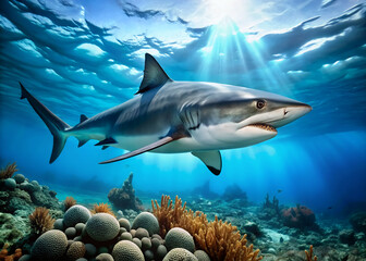 Naklejka premium A large ominous bighead shark swims horizontally through the crystal-clear blue waters of a coral reef, its distinctive hammer-shaped head prominent in the frame.