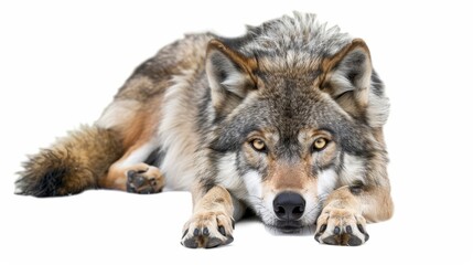 Fototapeta premium A wolf is laying down on a white background