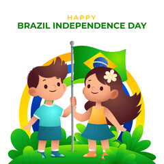 Brazilian Independence day cartoon sign, two kids with waving flag in tropical nature Translation : order and progress
