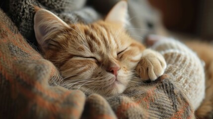 A cat is sleeping on a blanket