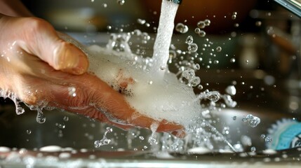 Fototapeta premium A hand is washing its hands in a sink with water
