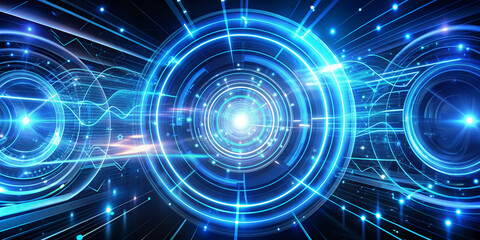Obraz premium Vibrant blue neon circuits and abstract shapes swirl in hypnotic motion, creating a mesmerizing futuristic tech background animation loop with a dynamic pulsing effect.