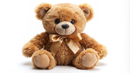 Adorable cuddly teddy bear with bright brown eyes and soft fur, wearing a beautiful satin ribbon bow around its neck, sitting on a white background.