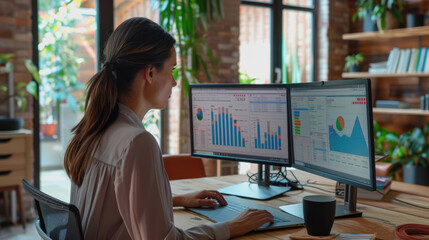 A woman works at a computer, studies charts and graphs, and conducts market research. The girl will create a business sales strategy. The student collects information for his thesis. Data analysis.