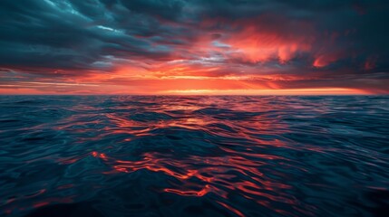 Fiery Sunset Over Ocean. Dramatic Seascape with Red Sky and Waves