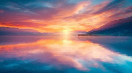 Obraz premium Stunning sunset over tranquil lake with vibrant colors reflecting in water. Beautiful natural landscape or scenery perfect for relaxation, meditation, and nature photography