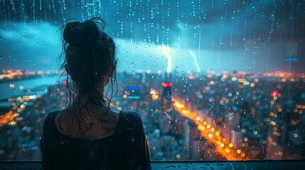 a woman looks out the window at a thunderstorm in the city