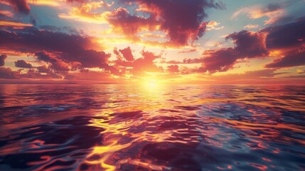 Fototapeta premium Stunning sunset over a vast ocean, vibrant colors reflecting on the water. Ideal for travel, nature, and relaxation concepts.
