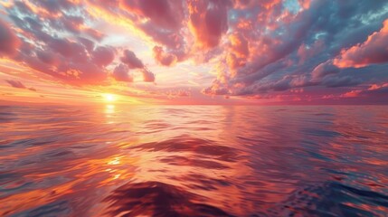 Obraz premium Spectacular Ocean Sunset. Vibrant Clouds and Golden Light Reflecting on Water