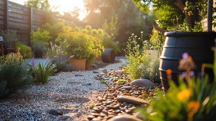 Sustainable Garden with Rainwater Collection System and Drought Resistant Plants