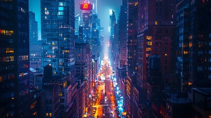 Obraz premium Mesmerizing Night View of a Vibrant Metropolis with Towering Skyscrapers and Bustling City Streets