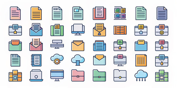 Colorful vector icon set featuring 68 different folders for file organization, document archiving, and syncing, representing computer storage solutions in various styles and layouts.