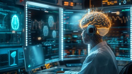 Person Using Brain Computer Interface to Operate Advanced Computer System in Futuristic Lab