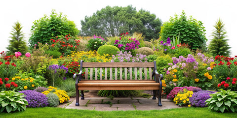 Obraz premium Serene park bench surrounded by lush greenery, vibrant flowers, and thriving plants, creating a peaceful atmosphere in a natural outdoor setting.