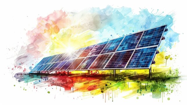 Vibrant watercolor artwork of solar panels capturing sunlight, symbolizing renewable energy and sustainability.