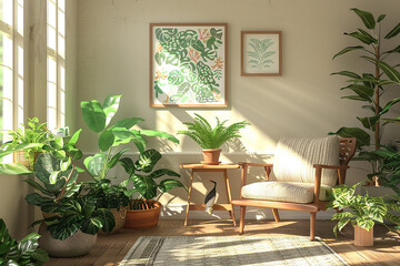 A cozy corner with various potted plants, a wooden chair, and botanical art prints on the wall, all bathed in soft natural light.