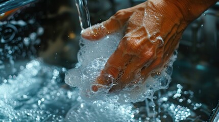 Fototapeta premium A hand is washing itself in a sink with soap