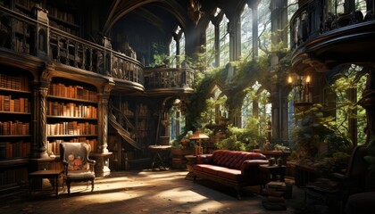 Obraz premium A quiet library with towering shelves, cozy reading nooks, and books that seem to whisper secrets