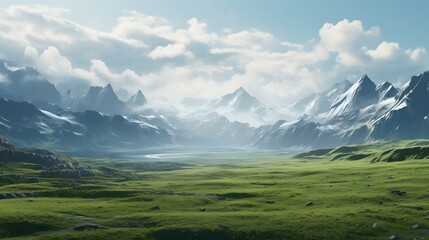 Fototapeta premium Lush Green Valley with Distant Mountains