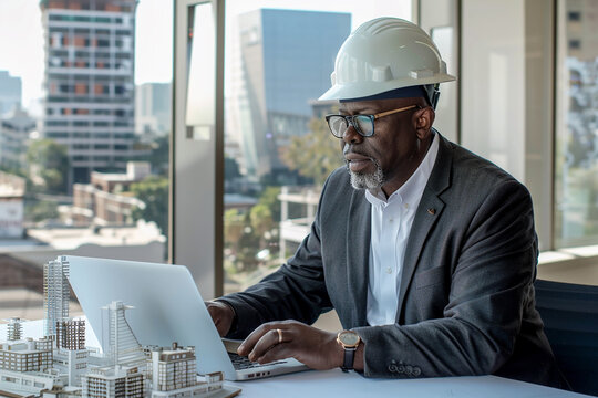 A focused architect in a suit and hard hat works on his laptop at a modern office with miniature building models on the desk. The cityscape view from the window adds to the urban feel. - Powered by Adobe