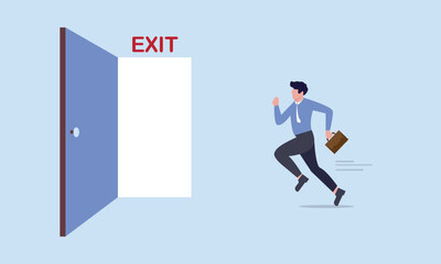 Businessman worker in suit running in hurry to emergency door with the sign exit, quit routine job, escape way or solution for business dead end to be success or exit from work difficulties concept.