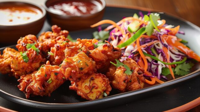 A plate of crispy, golden vegetable pakoras served with a side of tangy, zesty chutney and a fresh, crunchy vegetable slaw for a delicious appetizer
