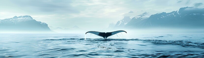 Obraz premium panoramic view of a whale's tail above the sea surface with mountains in the background