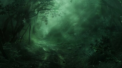 Fototapeta premium The eerie lighting casts a sickly green hue over the treacherous forest path adding to the sense of unease. The air is thick with the smell of decay warning any travelers to turn back