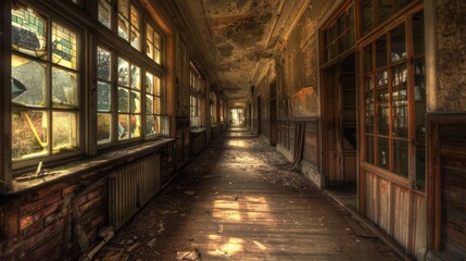 Obraz premium Abandoned Boarding School: A Spooky Journey Through Ghostly Classrooms and Eerie Hallways