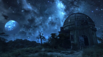 Obraz premium Abandoned Observatory of the Unknown: Haunting Night Skies and Broken Telescopes