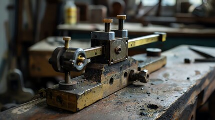 A precision height gauge on a workbench