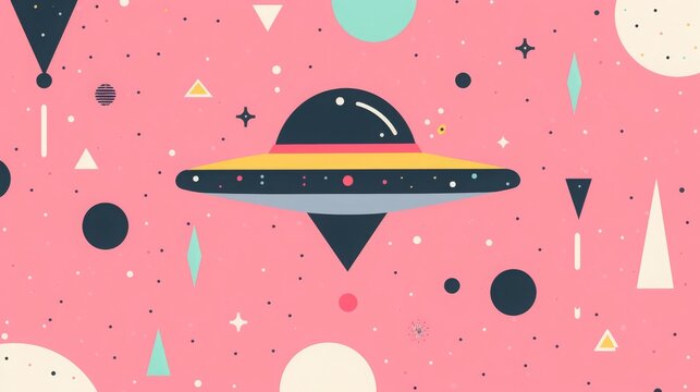 Colorful cartoon illustration of a retro spaceship or UFO flying in outer space with stars and planets. Fun, playful design for children, kids, and sci-fi enthusiasts.