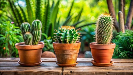 Vibrant terracotta pots on rustic wooden table surrounded by lush greenery, showcasing three distinct species of prickly cacti in serene ambiance.