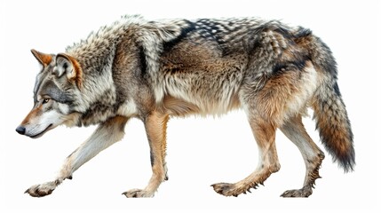 Fototapeta premium A wolf is walking on a white background