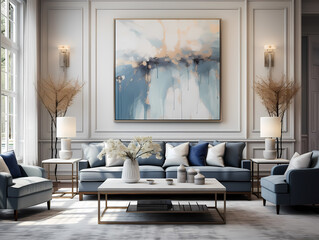 Elegant living room with modern decor, featuring a stylish blue color scheme and abstract art.