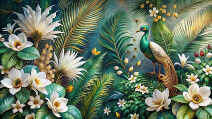 Vibrant tropical mural painting wall art decor features white, dark green, and golden palm leaf branches, flowers, and feathers.