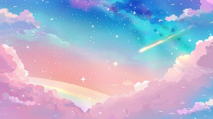 Sky full of stars pink clouds and a rainbow in the background with pastel color.