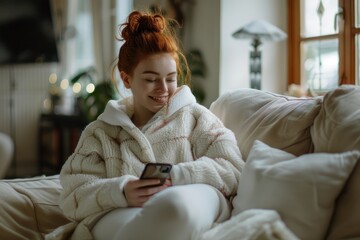 Obraz premium Beautiful young woman smiling while sitting on the sofa and using mobile phone at home