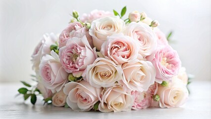 Delicate pale pink bouquet with subtle sheen and gentle petals resting on a clean minimalist white copiespace background.