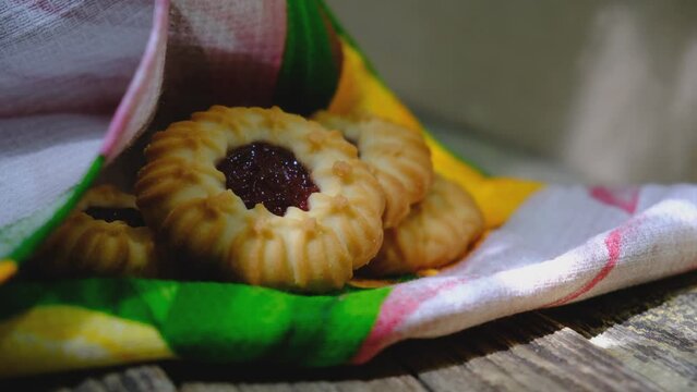 Cookies with strawberry jam. Homemade freshly baked shortbread cookies