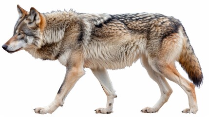 A wolf is walking on a white background