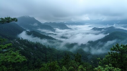 Enchanting view of high mountains and mist in the rainy season, with clouds hanging low over the valleys Generative AI