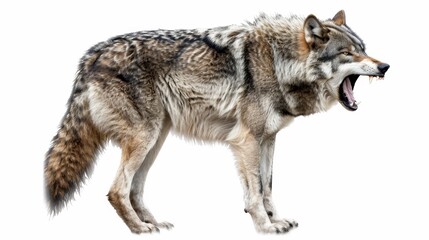 Fototapeta premium A wolf is standing on a white background with its mouth open