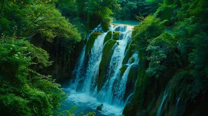 Stunning Waterfall Cascading Through Lush Green Forest, Nature's Paradise