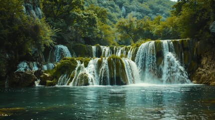 Fototapeta premium Scenic View of Waterfall Flowing Down Rocky Steps into Tranquil Blue Water. Nature, Landscape, Travel, Adventure, Paradise.